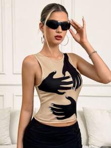 SHEIN ICON Women's Simple Daily Sleeveless Printed & Rhinestone Embellished Tank Top - Grey - View 4