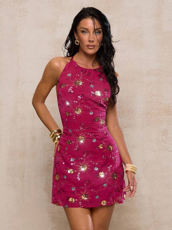 Glamine Damen Fuchsia Chiffon besticktes perlenbesetztes ärmelloses rückenfreies Mini-Kleid, modisches, sexy Kleid für Urlaub/Party/Musikfestival, vielseitig für den Sommer