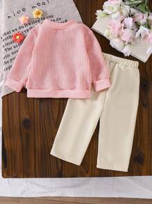 SHEIN Vintaside Kids 女宝宝针织3D花卉毛衣+直筒裤两件套，秋冬 - 粉色 - 查看 2