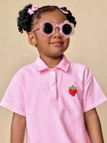 CutesyCutie Young Girl Fitted Woven Striped Strawberry Print Polo Collar Dress Pink Striped Dress Strawberry Dress Pink Girls Dress Pink Summer Dress Casual Dress Pink Dress Casual Girls Pink Collared Dress Back To School Girls Pink Dress Pink Dress, Young Girl Fall Clothes - Blue and White - View 6