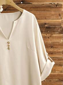 Lacomfia 女式可调节袖口圆领纯色衬衫和印花直筒裤休闲大码套装