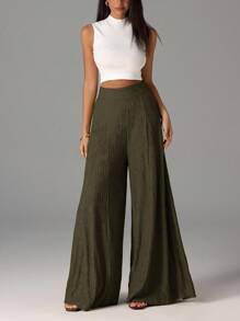 Firerie 女士优雅休闲纹理面料高腰阔腿裤，适合海滩、机场和风格 - 軍綠色 - 查看 3