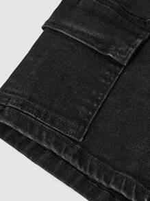 SHEIN Teen Girl Summer Y2K Low Waist Stonewashed Denim Shorts With Flap Pocket,Summer Brunch Graduation,Beach Vacation Teen Girl Casual,Country Concert/Rave, Black Denim Shorts - Black - View 5