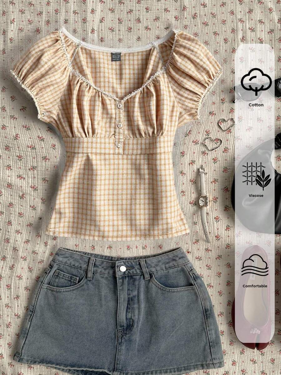 SHEIN EZwear 夏季杏色和白色格子编织女式衬衫 - 杏色 - 查看 1