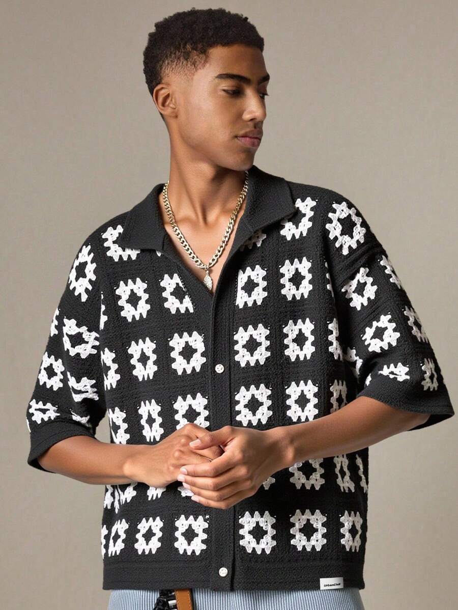 SWAVVY Maglietta a maniche corte in maglia con stampa all-over e bottoni, modello estivo da uomo