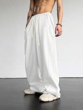 Manfinity Roghcode Men Drawstring Waist Slant Pocket Sweatpants , Men Wide Leg Pants , Men Loose Pants , Men Clothes Men Pants