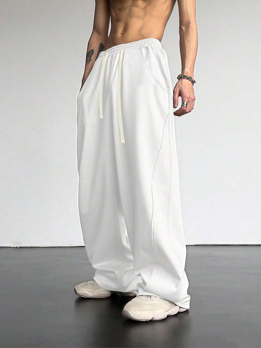 Manfinity Roghcode Men Drawstring Waist Slant Pocket Sweatpants , Men Wide Leg Pants , Men Loose Pants , Men Clothes Men Pants