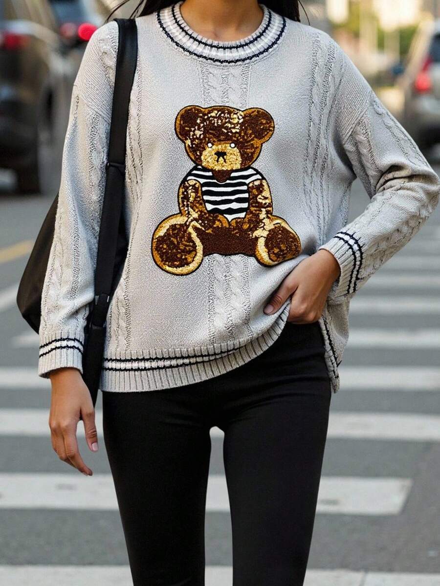 Teen Girls Crew Neck Loose Knit Sweater Top With Cute Bear Patch Design, Collegiate Style,In Fall/Winter - Grey - View 1