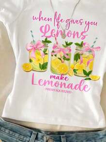 SHEIN Chill Summer, Cute Summer Fruit Bow Lemon Tea Pattern, "When Life Gives You Lemons, Make Lemonade Fresh Squeezed", Tween Girls Fitted Casual Minimalist Comfy Round Neck Long Sleeve T-Shirt, Suitable For Summer Vacation Lemonade Shirt Girls Summer Tshirt Summer Tshirt Lemonade Shirt Kids Girls Graphic Tee - Multicolor - View 3