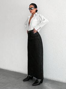 Women Long Casual Denim Skirt - Black - View 4