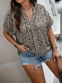 EMERY ROSE Plus Ditsy Floral Print Batwing Sleeve Blouse For Summer - Khaki - View 4