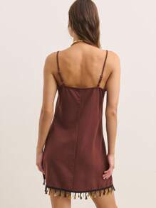 Nöista Earthy Brown Straight-Cut Summer Slip Dress With Thin Straps And Tassel Hem. Lightweight Breathable Fabric Fits Summer Dresses For Women, Summer Outfits For Women, Cute Summer Tops, Women's Summer Clothes, Plus Size Summer Clothes, And Perfect For Vacation Or European Summer Style. Ideal For Casual 4th Of July Outfit Women.