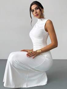 Firerie Vestido blanco de mujer con cuello alto, sin mangas, plisado y en línea A, elegante y romántico para citas y trabajo, vestido de verano para mujer, vestido para té, vestido de graduación blanco, vestido elegante para ir y venir