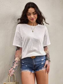 Wildy Fall For Women Women Oversized T-Shirt Floral Embroidered Top Embroidered Mesh Sleeves Long T Shirt For Women Women's Solid Color Round Neck Short Sleeve Casual Versatile T-Shirt, Summer All White All White Party Women Vacation Tops Long Sleeve Tops - White - View 3