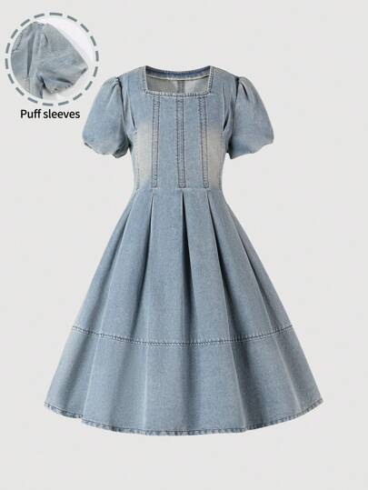 Denimly Tween Girls' Summer Denim Short Sleeve Dress, Recommended For Vintage Daily Wear! Made Of Soft And Comfortable Denim Fabric, Skin-Friendly And Comfortable, Classic Faded Light Blue. Versatile And Classic. Puff Sleeve, For Daily Activities, Attending A Birthday Party, Family Gathering, Or Back-To-School, You Can Easily Become The Center Of Attention!