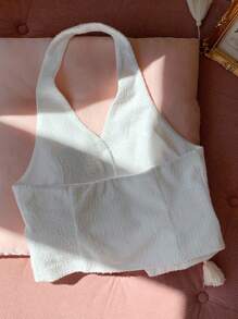 Comfortcana Women's Solid Color 3D Floral Decor Halter Neck Blouse - White - View 2