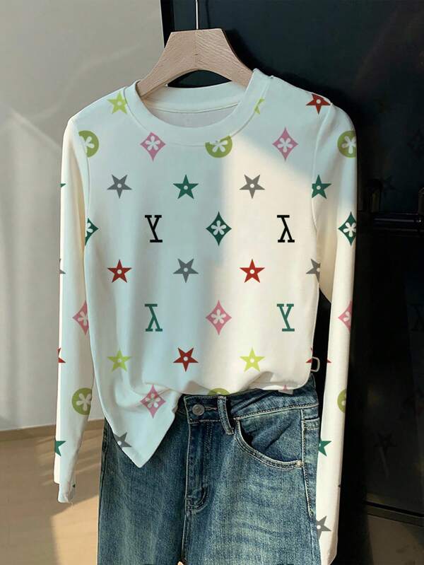 Lalippa Camiseta de manga larga de cuello redondo con estampado completo para mujer, para primavera/otoño