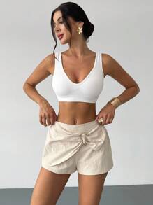 Firerie Quần short vải lanh dệt kim tre cạp thấp thanh lịch cho nữ, thích hợp mặc vào mùa hè, đi biển, đi làm/đi chơi - Màu be - Xem 5