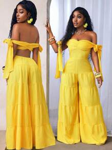 BamGleam Women Casual Solid Color Ruched Bust Off Shoulder Jumpsuit, Summer - Yellow - View 1