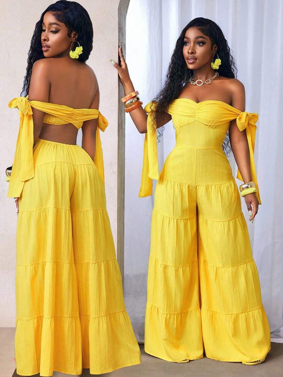 BamGleam Women Casual Solid Color Ruched Bust Off Shoulder Jumpsuit, Summer - Yellow - View 1