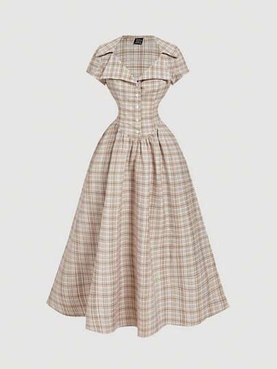 SHEIN MOD Collared Plaid Pattern Mid-Length Dress For Women, Back To School, Turndown Collar, Retro, Vintage, Vacation, Country Concert Outfit, Boho, Brunch Outfits For Women, Office Outfits For Women, Tea Party Dress, Work Clothes Women, Casual Dresses For Women, Vacation Outfits Women, Stylish Dress, 70s Outfit, Elegant Dress, Business Casual Dress