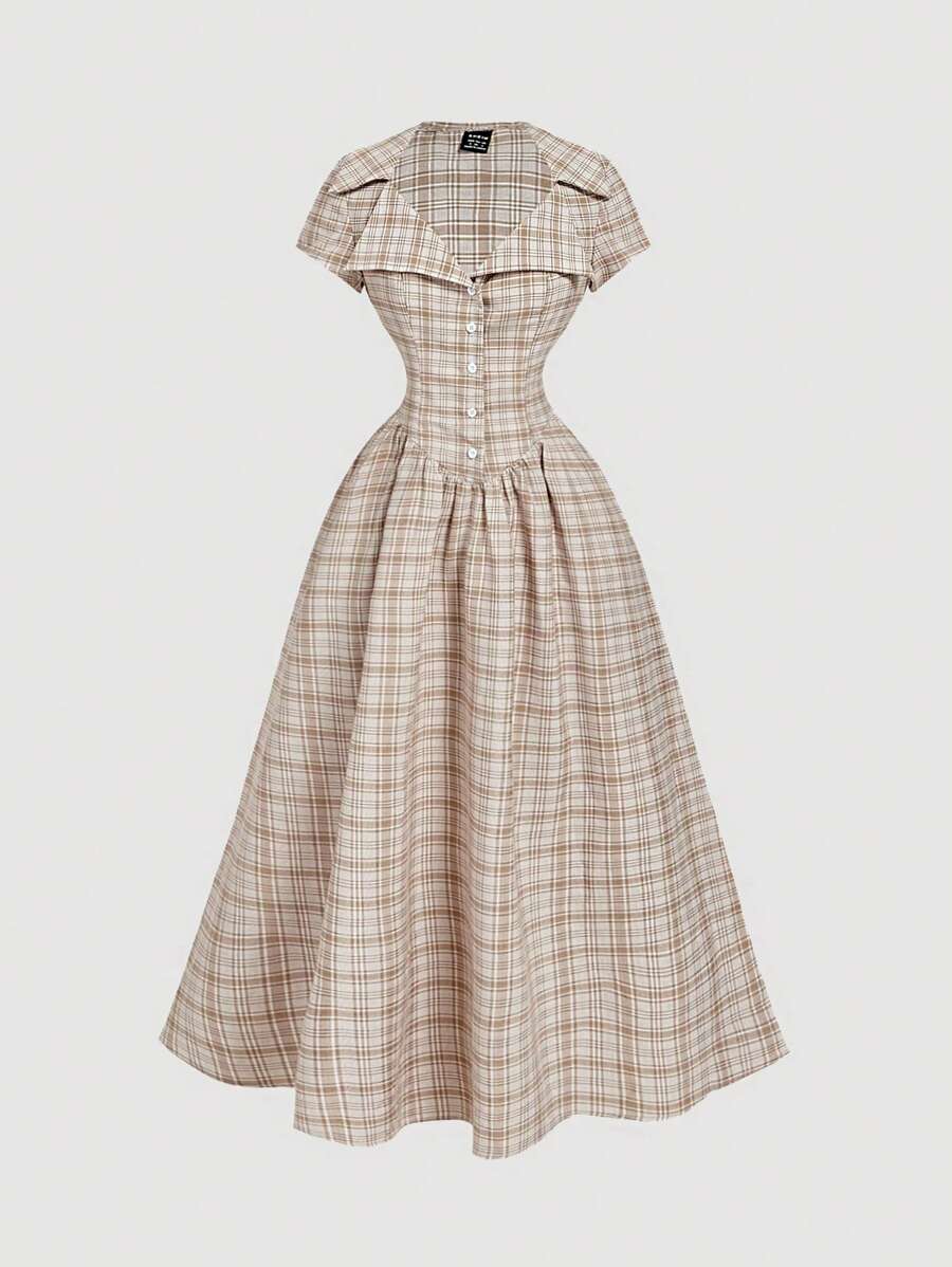 SHEIN MOD Collared Plaid Pattern Mid-Length Dress For Women,Back To School,Turndown Collar, Button Front And Waist Cinched,Retro,Vintage,Vacation,Country Concert Outfit,Concert Outfit Women,Boho,Brunch Outfits For Women,Office Outfits For Women,Tea Party Dress,Work Clothes Women