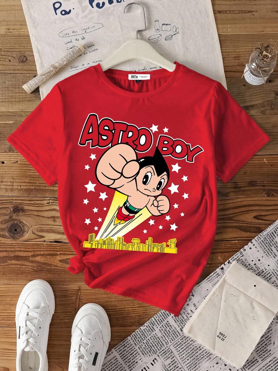 Astro Boy X SHEIN 女士宽松舒适休闲卡通星星字母图案圆领短袖红色T恤，夏季
