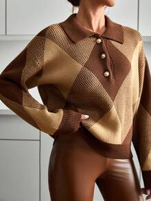 Casual Polo Neck Checkerd Diamond Pattern Color Block Balloon Sleeve Cozy Relaxed Oversize Fit Pearl Button Sweater Brown Sweater Brown Blouses Diamond Pattern Sweater Collared Sweater Womens Brown Tops Brown Sweater Women Brown Argyle Sweater Womens Brown Collared Sweater Brown Polo Sweater,Jumper,Cream Jumper,Jumpers,Christmas Jumper,White Jumper,Black Jumper,Ladies Jumper,Women's Jumpers