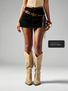 MISSGUIDED 迷你牛仔短裙高腰西部节日休闲夏季破洞毛边迷你裙短牛仔裤配铆钉腰带 - 黑色 - 查看 5