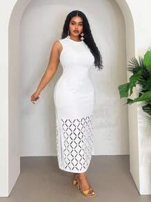 Veslaya 2025 Nouveau Printemps/Été Vêtements pour Femmes Grande Taille Automne/Retour à l'École/Début des Cours/Y2k/Travail/Bureau/Sortie/Vêtements d'Aéroport/Style de Rue/Punk/Décadent/Date de Remise des Diplômes/Vacances Élégantes/Tenue Femme Diplômée/Élégante Combinaison Tout Blanc Col Rond Sans Manches Bas Creux Grille Diamant Moyenne à Longue