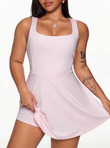 Easithlete 大码女式纯色露背无袖运动连衣裙