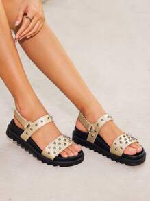 HighSole Plain Color Rivet Decor Versatile Summer Flat Sandals - Gold - View 5