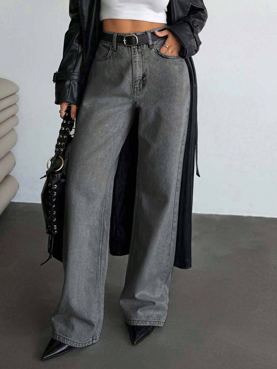 RueChic Calça jeans feminina de cintura alta com bolsos, reta, solta e casual, versátil