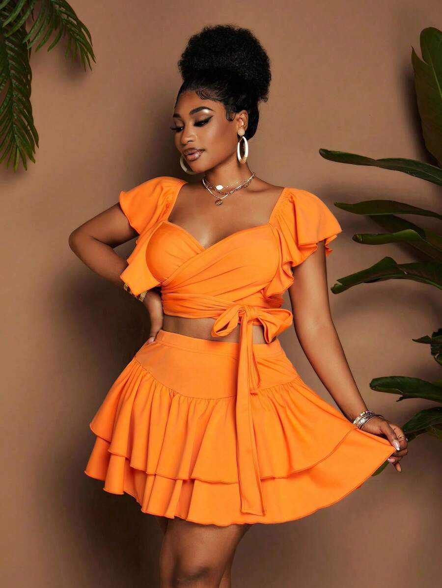 Maweii Plus Size Women 2pcs Set Sweetheart Neck Flare Sleeve Cropped Top And Skirt, Fashionable - Orange - View 1