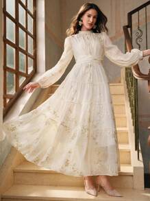 Anewsta Váy thắt eo cổ tròn thêu thanh lịch dành cho nữ, mùa thu - Màu be - Xem 1