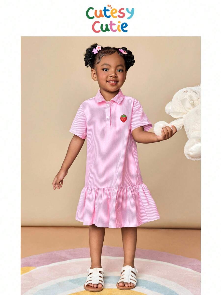 CutesyCutie Young Girl Fitted Woven Striped Strawberry Print Polo Collar Dress Pink Striped Dress Strawberry Dress Pink Girls Dress Pink Summer Dress Casual Dress Pink Dress Casual Girls Pink Collared Dress Back To School Girls Pink Dress Pink Dress, Young Girl Fall Clothes - Blue and White - View 1