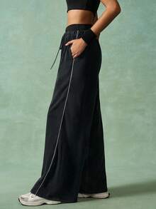 VARSIVA 女式休闲抽绳腰阔腿运动裤，日常穿着 - 黑色 - 查看 2