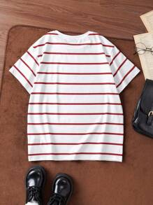 HARRY POTTER X SHEIN 青少年女孩复古运动学院休闲风格白色格兰芬多徽章条纹图案宽松 T 恤，适合夏季、学校和户外活动 - 白色 - 查看 2