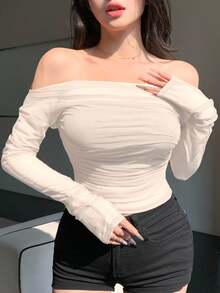 DAZY 女式弹力网眼透视露肩上衣，春夏长袖上衣 - 白色 - 查看 5