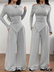 Coolane 女士秋季外出休闲运动基本款简约弹力露肩紧身胸衣 T 恤和慢跑裤，2 件 - 灰色 - 查看 4