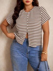 Elaquor 大码女式夏季条纹圆领短袖单排扣开衩下摆休闲T恤