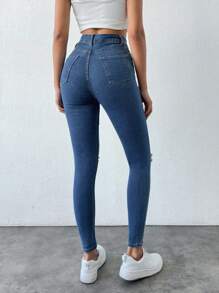 EURMUSE Women's Pocket Detail Ripped Skinny Casual Versatile Jeans - Dark Wash - View 2