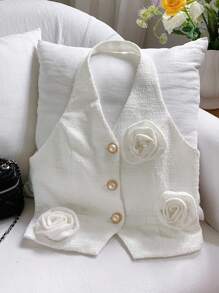 Comfortcana Women's Solid Color 3D Floral Decor Halter Neck Blouse - White - View 4
