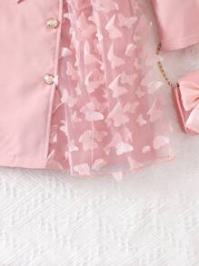SHEIN Elegant Young Girl Jacket With Collar, Long Sleeves, Belt, Butterfly Mesh Pattern On Left Side, Charming And Beautiful Gift Choice Girls Dress Coat Butterfly Dress For Girls Pink Dress Coat For Girls Girls Long Sleeve Dress Little Girl Dress Coat Long Sleeve Dress For Girls Girls Coats,In Fall/Winter - Pink - View 7