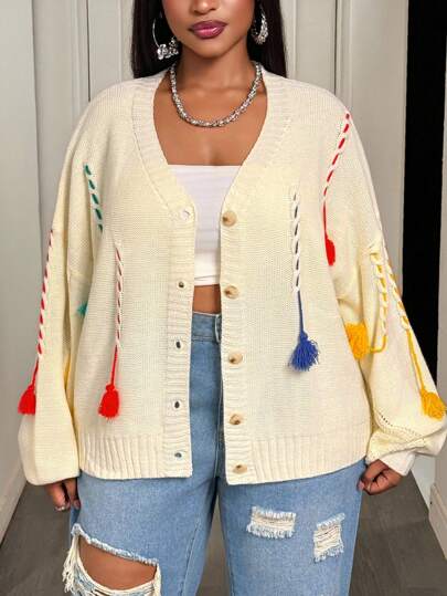 Slaydiva European And American Style Women's Fashion Loose V-Neck Asymmetrical Knitted Cardigan With Tassel Trim, Autumn/Winter Knit Cardigan Cardigan Sweater Button Up Cardigan Fall