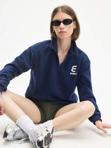 Gameset SHEIN Sport Women's Blue Drop Shoulder Long Sleeve Half-Zip Sport Sweatshirt With Letter Print For Workouts,Teacher Outfits For Women,Back To School - Grey - View 7