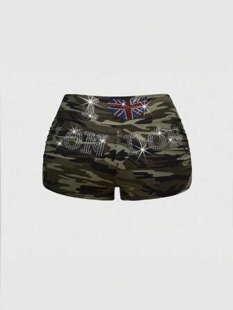 Fairycore Damen Retro Y2K Babe patriotische Strass Camouflage Bodycon Shorts