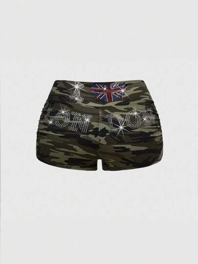 Fairycore Pantaloncini attillati da donna in stile retrò Y2K, con decorazioni patriottiche in strass e camouflage