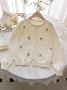 Sparklyn 女孩秋冬返校精致珍珠樱花开衫、长袖针织毛衣夹克 - 白色 - 查看 2