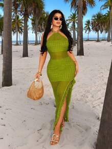SHEIN SXY Plus Size Women's Spring&Summer Elegant Sexy Daily Basic Boho Colorful Crochet Wavy Pattern High Split Dress, Halter Backless Tassel Hem Vacation Dress,Summer Dresses For Women Green Mesh Maxi Dress Lime Green Maxi Dress Tassel Maxi Dress,Suitable For Everyday Wear,BOHO,Bohemian,Outing,Resort,Beach Vacation,Holiday,Seaside,Western Wear,Music Festival,Concert,Carnival Party,Richly Layered,Date Night,Ibiza,Nashville,Break,Modest,Chic,Club,Cute,Casul,Shopping, Streetwear,Going Out - Green - View 14